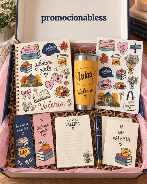 Caja con stickers y papelería personalizada
